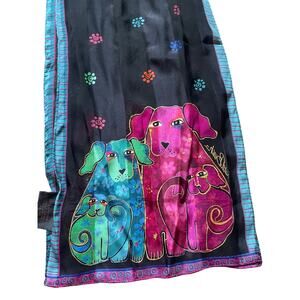 Laurel Burch Silk Novelty Scarf Blossoming Pups Black base color and multicolor